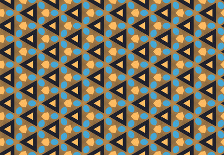 Seamless geometric pattern design illustration. Background texture. In brown, orange, black and blue...