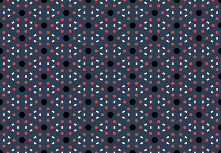 Seamless geometric pattern design illustration. Background texture. In blue, red, black and white...