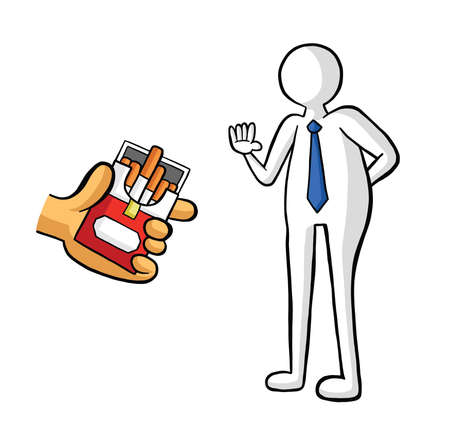 The man offers cigarettes and the businessman refuses vector illustration. Black outlines and colored, white background.のイラスト素材