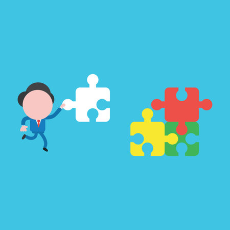 Vector cartoon illustration concept of faceless businessman mascot character running and carrying missing puzzle piece to three connected jigsaw puzzle pieces on blue background.のイラスト素材