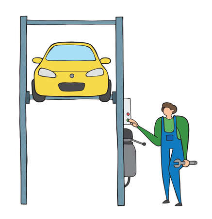 Vector car repair, repairman lifted car on auto lift. Hand drawn illustration. Black outlines and colored.のイラスト素材
