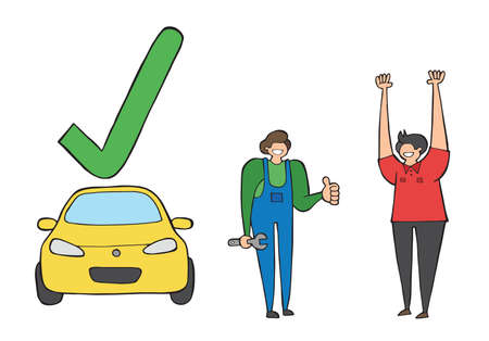 Vector car mechanic fixed and approved the car. the customer is also very happy. Hand drawn illustration. Black outlines and colored.のイラスト素材