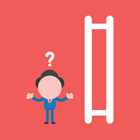 Vector illustration of confused businessman character and wooden ladder icon with missing steps.のイラスト素材
