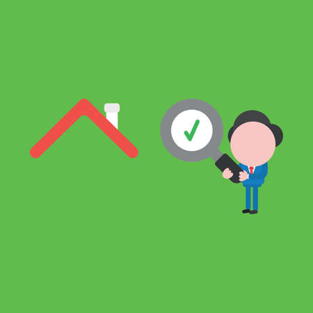Vector illustration of businessman character holding magnifying glass with check mark and looking, analyzing house.のイラスト素材