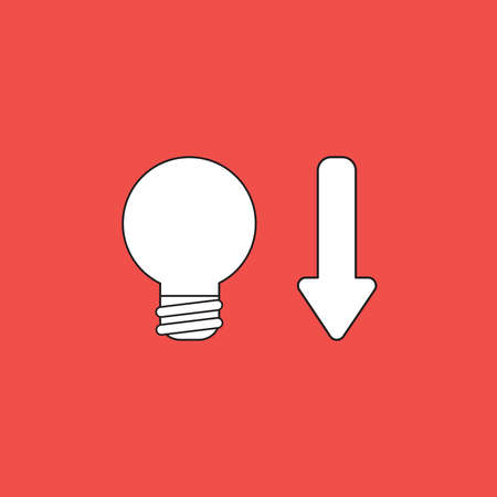 Vector icon concept of light bulb with arrow moving down. White color with black outlines and red background.のイラスト素材
