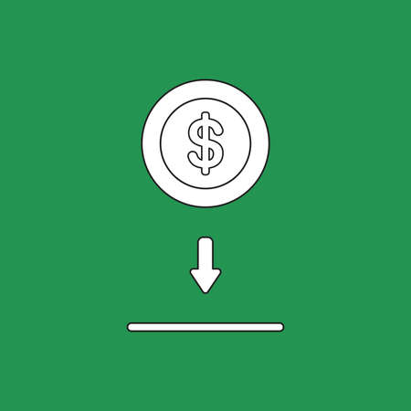 Vector icon concept of putting and saving dollar coin money into the moneybox hole. White color with black outlines and green background.のイラスト素材