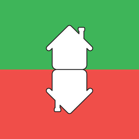 Vector icon concept of two houses in an arrow shape moving up and down. White color with black outlines and red and green background.のイラスト素材