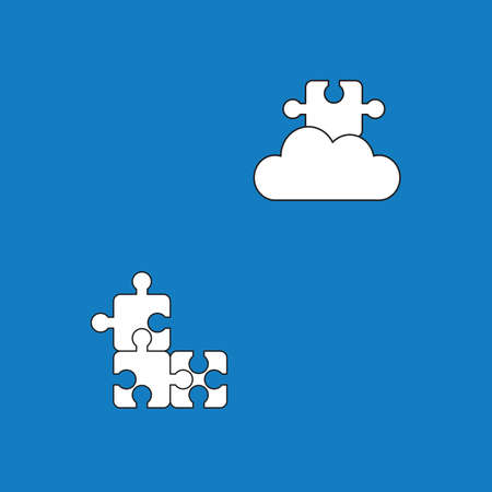 Vector icon concept of three puzzle pieces connected and missing puzzle piece on the cloud. White color with black outlines and blue background.のイラスト素材