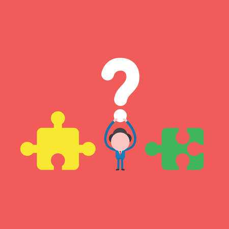Vector illustration concept of businessman character with incompatible jigsaw puzzle pieces and holding up question mark. Red background.のイラスト素材