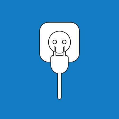 Vector illustration concept of electrical plug with cable and outlet. White colored, black outlines and blue background.のイラスト素材