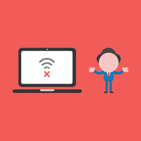 Vector illustration concept  businessman character  laptop computer, wireless  connect problem. Red...