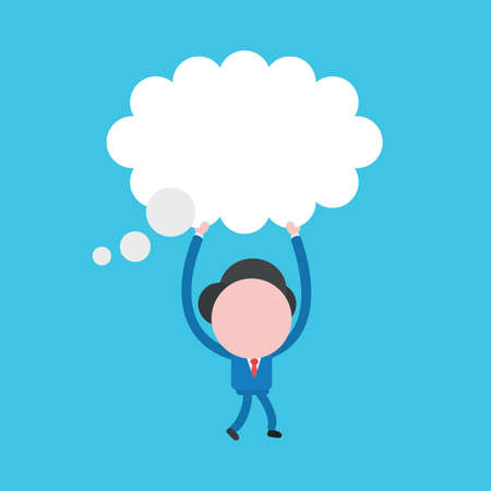 Vector illustration concept of businessman character walking and carrying blank thought bubble. Blue background.のイラスト素材