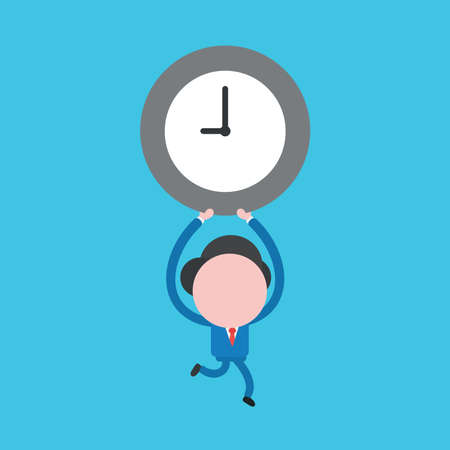Vector illustration concept of businessman character running and holding up clock time. Blue background.のイラスト素材
