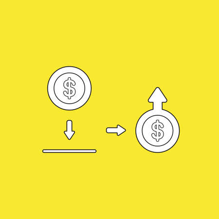 Vector illustration concept of putting and saving dollar money coin into moneybox and increase of money with arrow moving up. Yellow background.のイラスト素材