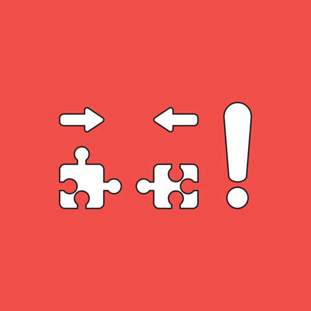 Vector illustration concept of two pieces of jigsaw puzzle that are incompatible with each other and exclamation mark. Red background.のイラスト素材