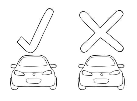 Vector cars with check mark and x mark. Hand drawn illustration. Black outlines and white background.のイラスト素材