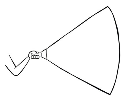 Vector hand drawn illustration of man with a flashlight. Black outlines and white background.のイラスト素材