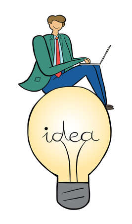 Businessman with laptop computer vector illustration, wSitting on glowing light bulb idea. Black outlines and colored.のイラスト素材