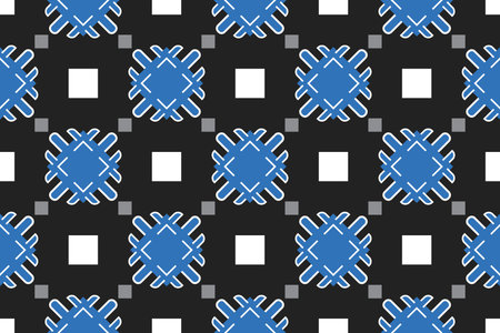 Seamless geometric pattern, texture or background vector in blue, black, grey and white colors.