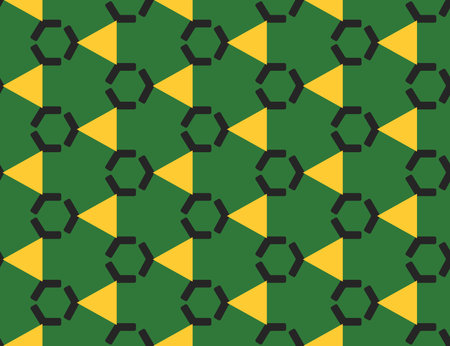 Seamless geometric pattern, texture or background vector in green, black and yellow colors.