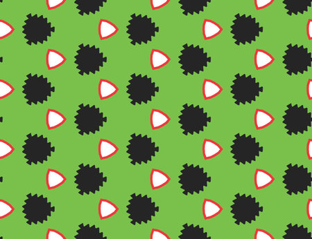 Seamless geometric pattern, texture or background vector in green, black, white and red colors.