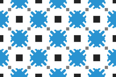 Seamless geometric pattern, texture or background vector in blue, black, grey and white colors.