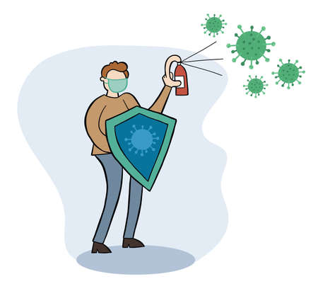 Hand drawn vector illustration of corona virus, covid-19. Protected from viruses and kills with shield and spray.のイラスト素材