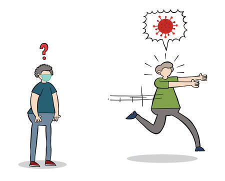 Hand drawn vector illustration of corona virus, covid-19. He is afraid of the man who wears the mask.のイラスト素材