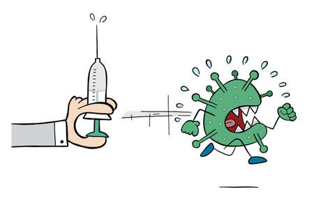 Hand drawn vector illustration of corona virus, covid-19. Corona virus escapes syringe medicine.のイラスト素材