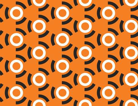 Seamless geometric pattern, texture or background vector in orange, black and white colors.