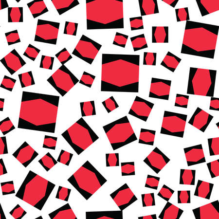 Seamless pattern texture background with geometric shapes, colored and rotated in different sizes in red, black and white colors.のイラスト素材