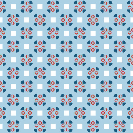 Vector seamless pattern texture background with geometric shapes, colored in blue, red and white...
