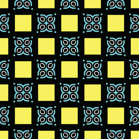 Vector seamless pattern background texture with geometric shapes, colored in yellow, blue, black and...