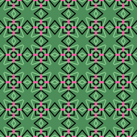 Vector seamless pattern texture background with geometric shapes, colored in green, pink and black...