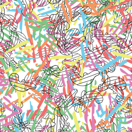 Vector abstract seamless pattern. Texture background, colored and black shapes, lines.