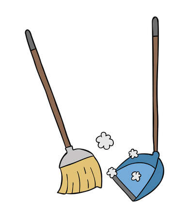 Cartoon vector illustration of broom and dustpan, sweep the floor. Colored and black outlines.のイラスト素材
