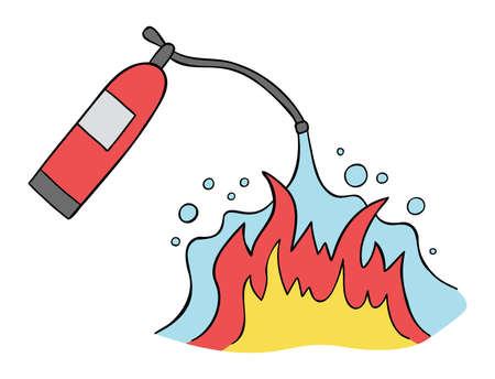 Cartoon vector illustration of fire extinguisher and fire extinguishing. Colored and black outlines.のイラスト素材