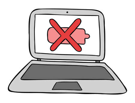 Cartoon vector illustration of laptop computer with dead battery. Colored and black outlines.のイラスト素材