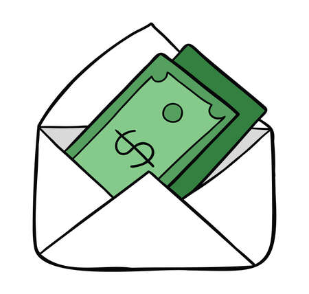 Cartoon vector illustration of dollar money in envelope. Colored and black outlines.のイラスト素材