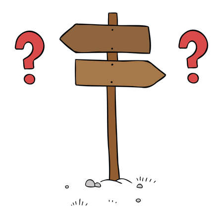 Cartoon vector illustration of wooden road sign. inability to make decisions about the left and right sides. Colored and black outlines.のイラスト素材