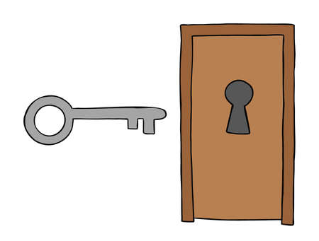 Cartoon vector illustration of wooden door with big keyhole and big key. Colored and black outlines.のイラスト素材