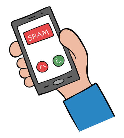Cartoon vector illustration of man holding smartphone and spam call. Colored and black outlines.のイラスト素材