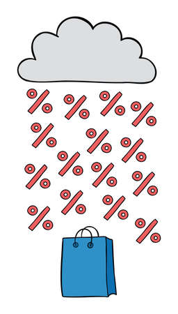 Cartoon vector illustration of shopping bag, cloud and discount rain. Colored and black outlines.のイラスト素材