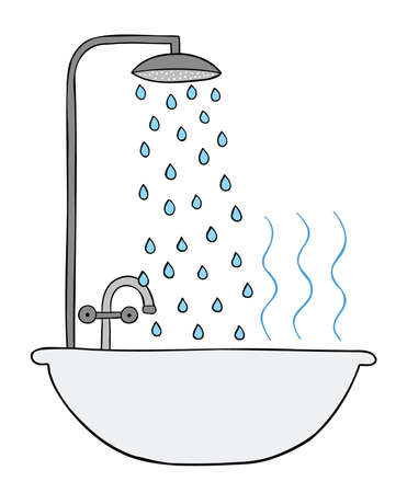 Cartoon vector illustration of shower, bathtub and hot water. Colored and black outlines.のイラスト素材