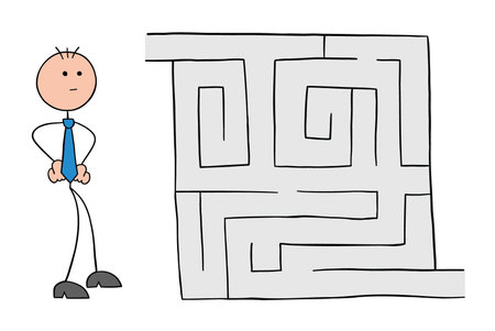 Stickman businessman character looking into the maze and thinking, vector cartoon illustration. Black outlined and colored.のイラスト素材