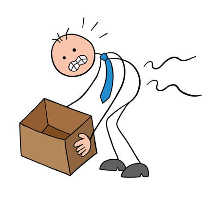 Stickman businessman character hurts back when lifting box, vector cartoon illustration. Black outlined and colored.のイラスト素材
