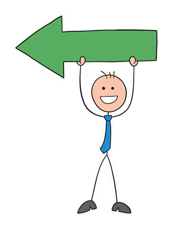 Stickman businessman character holding up left arrow, vector cartoon illustration. Black outlined and colored.のイラスト素材