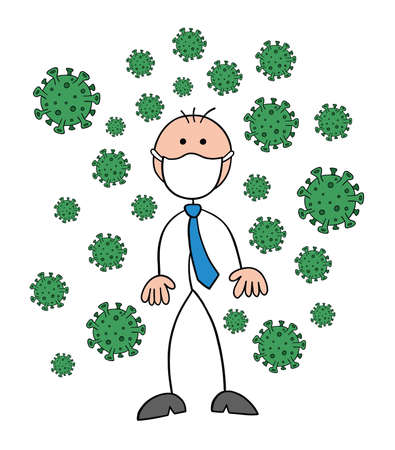 Stickman businessman character wearing a mask and there are viruses around, vector cartoon illustration. Black outlined and colored.のイラスト素材