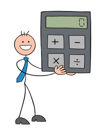 Stickman businessman character holding calculator and smiling, vector cartoon illustration. Black outlined and colored.のイラスト素材