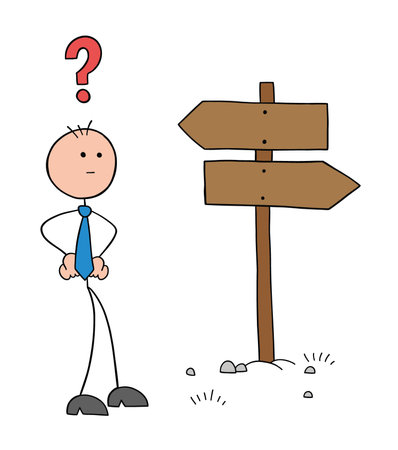 Stickman businessman character in front of the road sign and thinking which way to go, vector cartoon illustration. Black outlined and colored.のイラスト素材